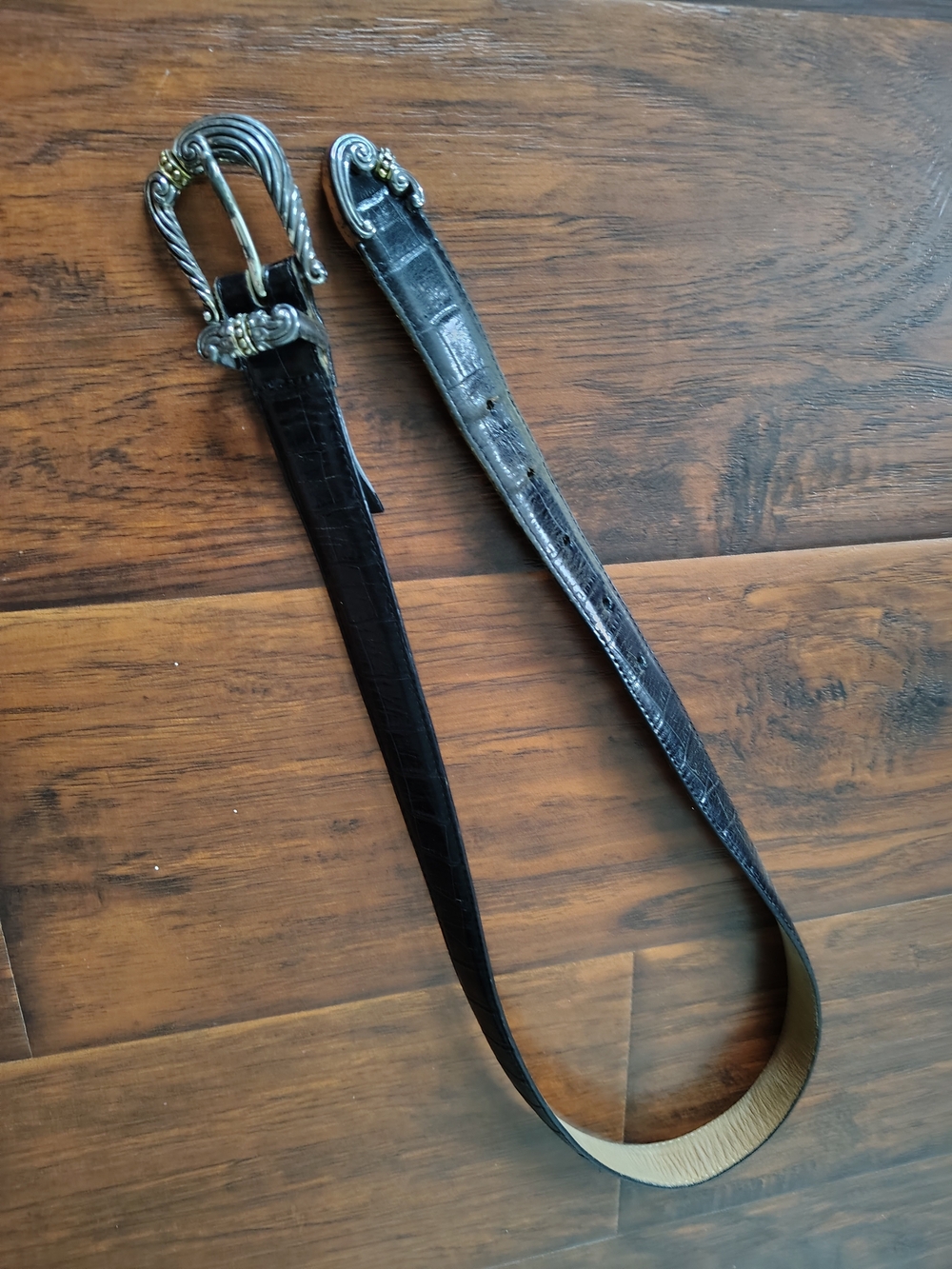 Brighton Black Croc-Embossed Leather Belt with Decorative Buckle